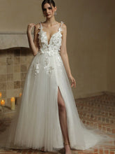 A-Line Sexy Deep V-Neck Front Split Open Back Tulle Wedding Dress